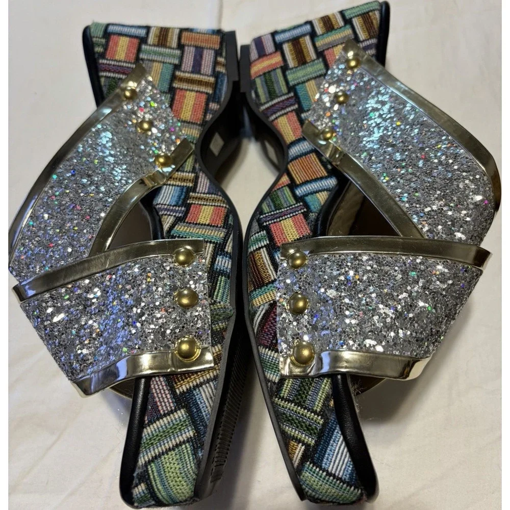 Glitter Slide Sandals Geometric Multicolor Silver Block Heel Straps Women's 7